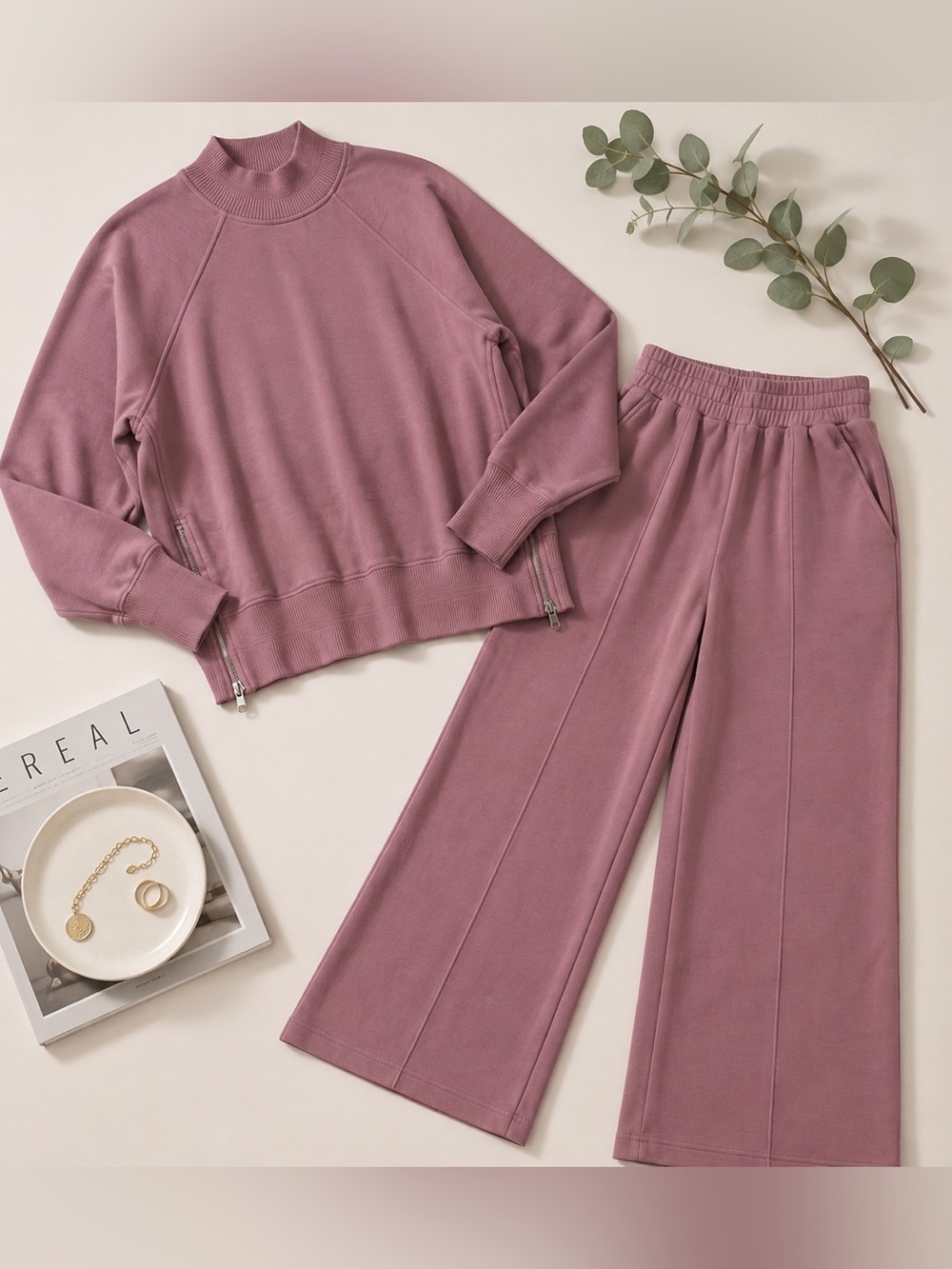 Varley DoubleSoft Pink Mauve 2-Piece Sweatshirt & Wide Leg Pants Set XS